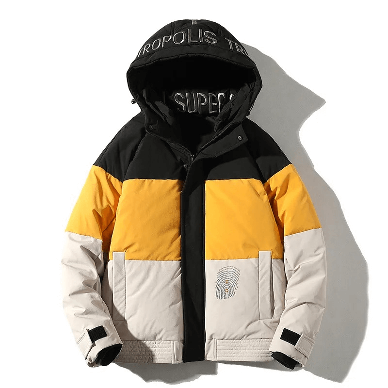 Stylish men's down jacket with hood and stand collar, SF1901, featuring 90% white duck-down insulation and a modern color-block design.